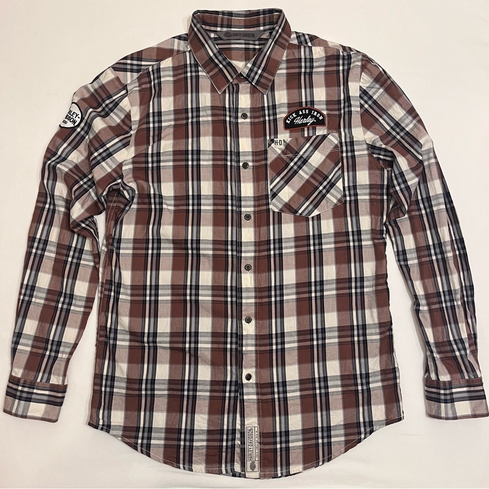 Harley-Davidson Men Brown Plaid Biker Patches Classic Logo Flannel Shirt size M